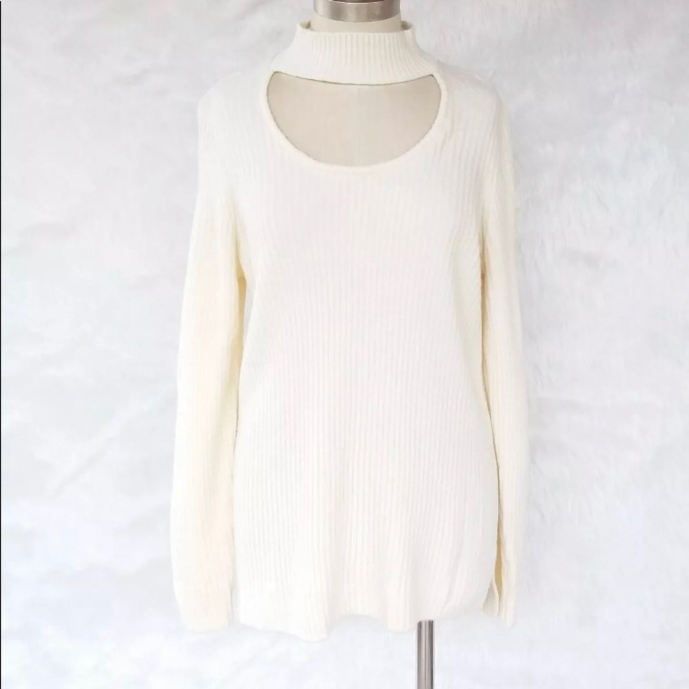 Biege Ribbed Knit Scoop Neck Choker Cut Pullover